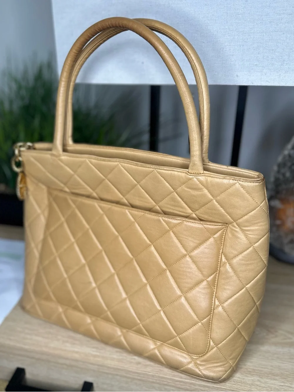 Authentic Chanel Medallion Tote Beige Lambskin Leather Vintage CC Bag